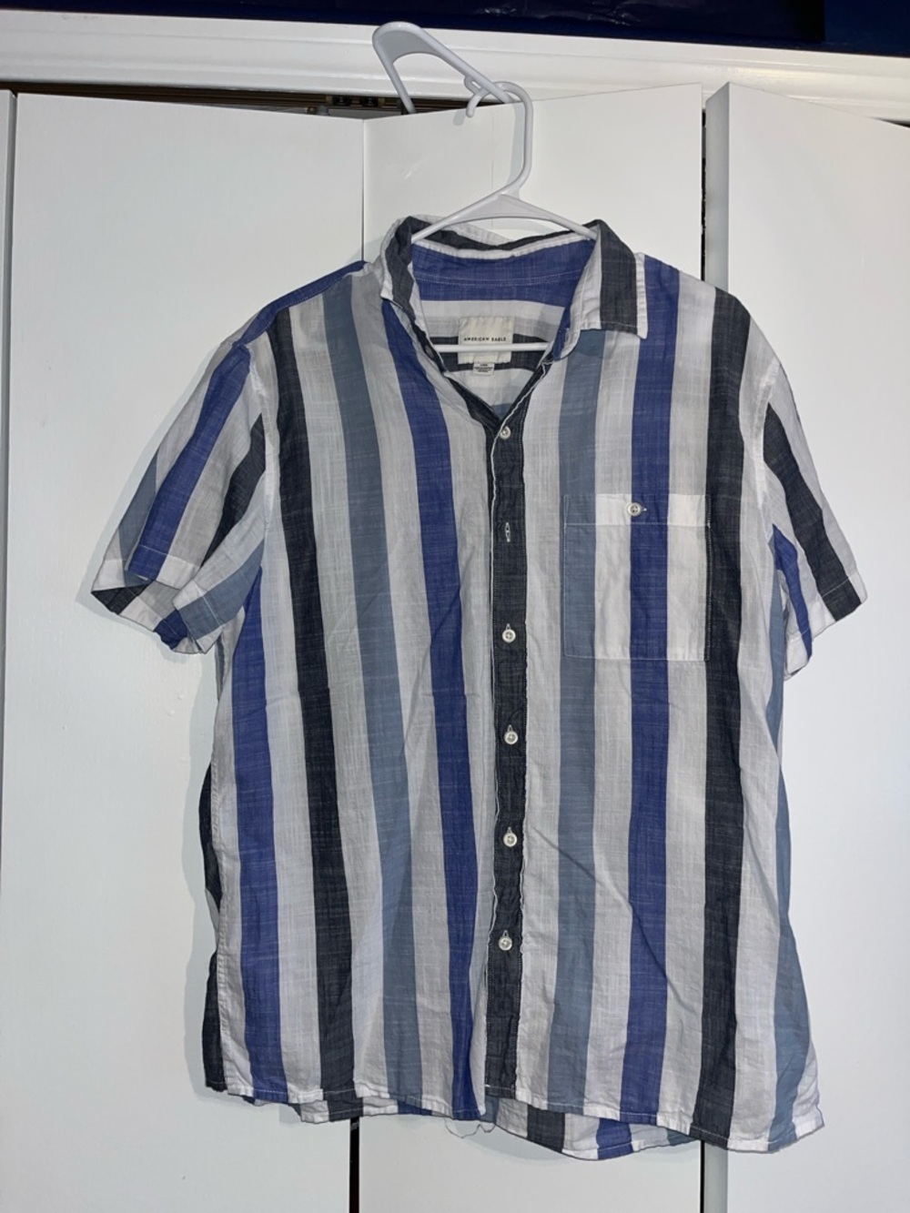 American Eagle Outfitters Blue, Navy & White Striped Short-Sleeve Button-Up